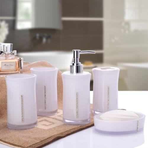 Bathroom Acrylic Whit Five-piece Set European Transparent Inlaid Rhinestone Toothbrush Cup soap Box Lotion Bottle Wedding Gift