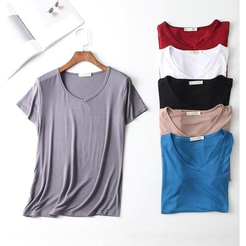 Spring Women Summer T-Shirt Tees Solid V-Neck Modal T Shirts Female Short Sleeve Casual Shirt Work blusa Tops Plus Size AB1312