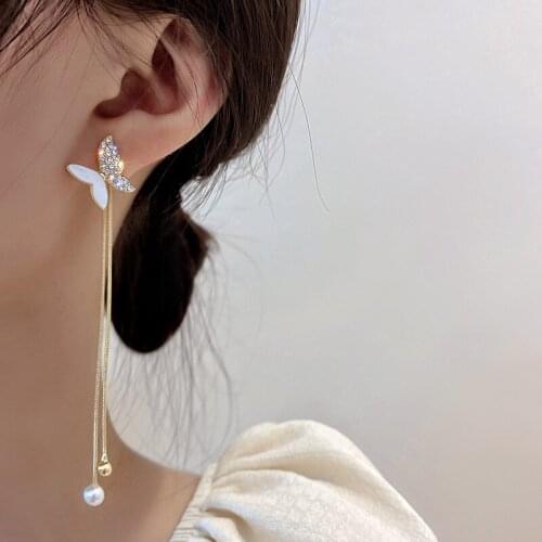 Korean Style Shining Rhinestone Shell Butterfly Dangle Earrings for Women Long Tassel Simple Fashion Piercing Earring 2021 New