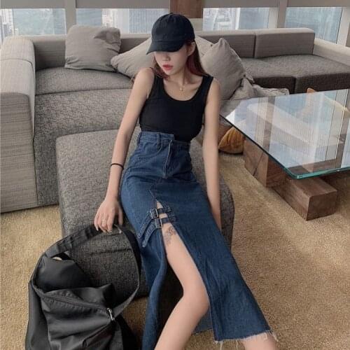 High Waist Thin Looking Cool Trendy Split Straight Overknee Mid-Length Denim Skirt for Women