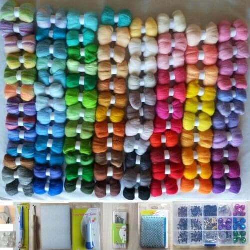WFPFBEC 70S WOOL FOR FELTING needle tools eyes animal doll nose mat handle sets wool fiber wool roving 93colors 5g/bag