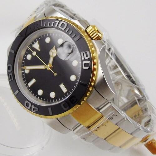 Gold Coated Japan NH35 40mm Sterile Mechanical Men Watch Two Tone Bracelet Brushed Ceramic Bezel Insert 24 Jewels Screw Back