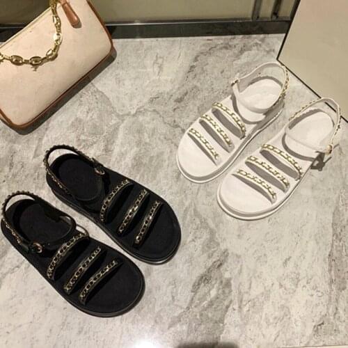 Women Sandals 2021 Summer Genuine Leather Buckled Women Shoes Chain Flat Platform Sweet Lady Shoes