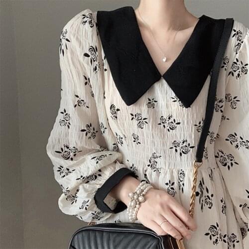 Women Spring Vintage Turn Down Collar Long Sleeve Dress Lady Print A-line V-Neck Hight Waist Midi Dress Female Vestidos