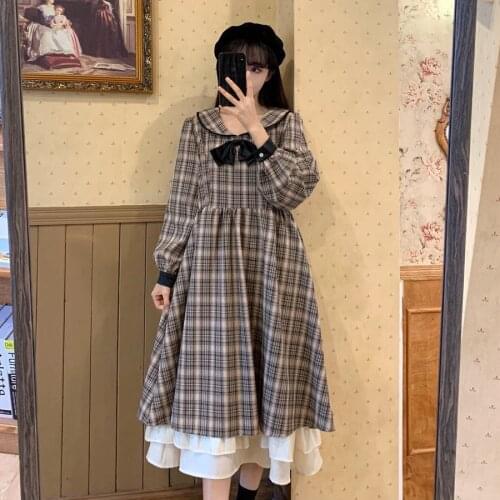 Girly Plaid Vintage Victorian Long Sleeve Bow Ruffles Princess Dress Japanese Gothic Lolita Dress Women Sweet Tea Party Dresses