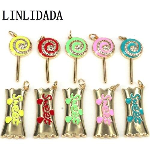 10Pcs, Wholesale Cute Candy Lollipops CZ Charms Pendants Enamel DIY Decoration Earrings Necklace Jewelry Making Accessories