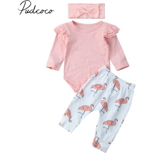 2017 Brand New Infant Toddler Newborn Baby Girls Romper Long Sleeve Tops Flamingo Pants Headband 3PCS Clothes Set Outfits 0-18M
