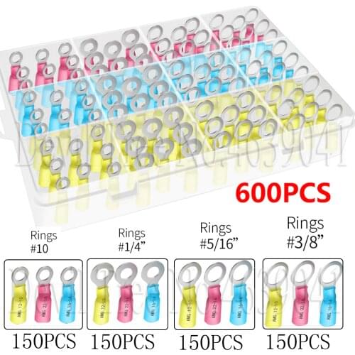 600Pcs Heat Shrink Ring Crimp Connectors-Haisstronica Heat Shrink Wire Connectors of tinned Copper. 1/4", 5/16", 3/8" (22-16)