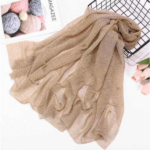 Blingbling! Glitter Wrinkle Muslim Hijab Shawl Wraps With Pearl Decor Islamic Plain Pleat Shimmer Headscarf Arabian Dubai Turban