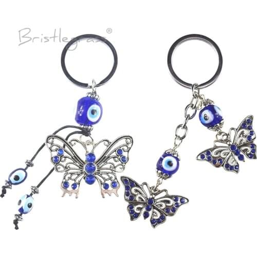 BRISTLEGRASS Turkish Blue Evil Eye Rhinestone Butterfly Keychain Key Chains Ring Holder Amulet Pendant Lucky Charm Blessing Gift