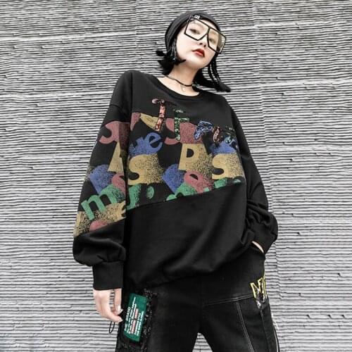 #2231 Cotton Black Sweatshirts Women Full Sleeve O-neck Sweatshirt Ladies Printing Tops Girl Letter Embroidery Spring Autumn Top