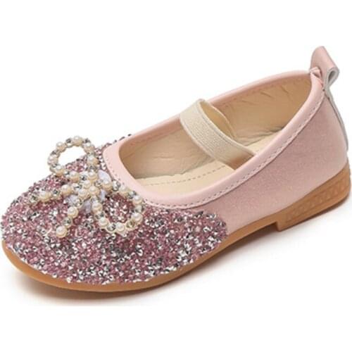 Childrens Leather Shoes 2021 Spring Autumn Girls Princess Sequined Shoes Soft Bottom New Bow-knot Crystal Chic Flats Fashion
