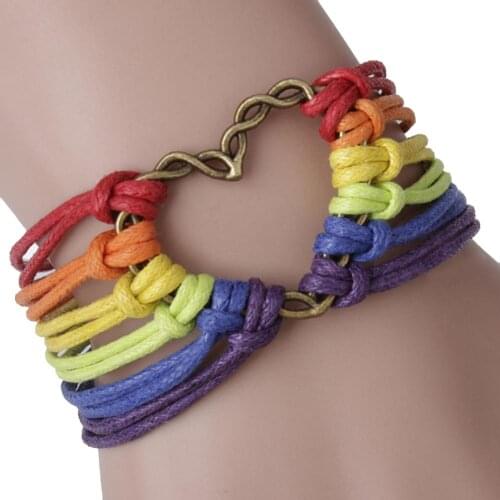 Gay Heart Charm Multilayer Rainbow Rope Bracelet Bangle Lesbian Jewelry women men couples bracelet