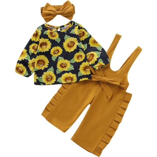 Boutique Girl Clothes 3PCS Newborn Kids Baby Girl Autumn Clothes Cotton sunflower Print Tops+Pants Overall Outfits Set