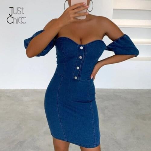 Justchicc Sexy Off Shoulder Denim Dress Women 2021 Short Sleeves Solid Buttun Bodycon Dress Backless Mini Dress Party Vestidos