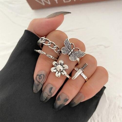 KISSWIFE Vintage Ancient Silver Color Rings Set For Women Men Butterfly Flowers Knife Snake Rings 2021Trend Fashion Jewelry Gift