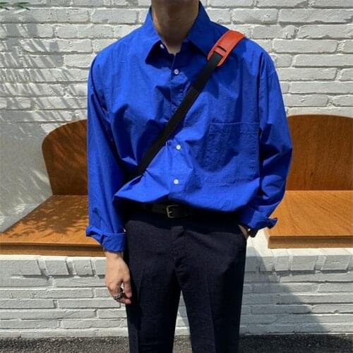 Handsome no ironing blue shirt spring and summer INS fashion Korean mens loose long sleeve thin line shirt