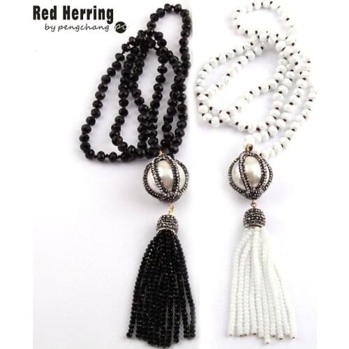 Fashion Bohemian Tribal Jewelry Black/White Crystal Glass Knotted Handmake Paved Big Ball and Tasse Necklaces