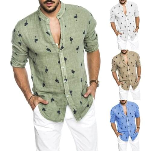 2021 Mens Shirt Hot Style Mens Long Sleeve Flamingo Printed Linen Casual Shirt Mens Top