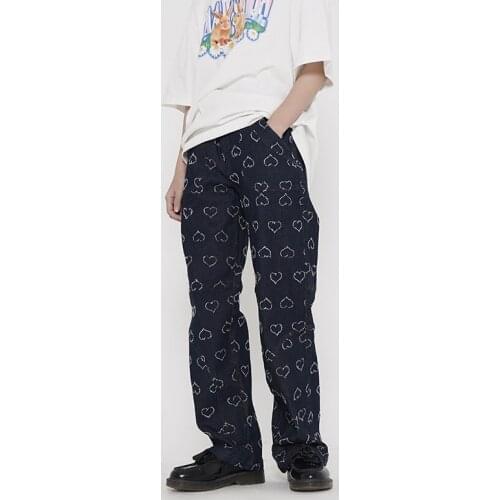 Harajuku Full Love Embroidery Retro Mens Jeans High Street Straight Loose Casual Denim Trousers Hip Hop Ripped Male Jean Pants