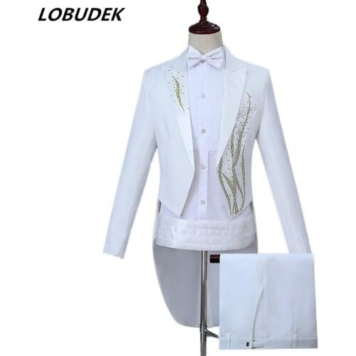 White Crystals Mens Suits Magician Swallowtail Stage Costume Wedding Master Prom Host party singer Chorus performance clothes