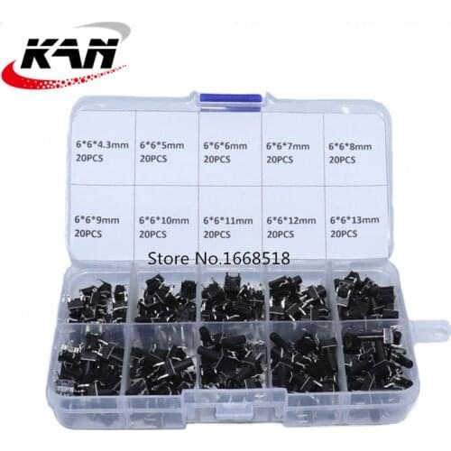 200pcs / 10 models 6*6 Light micro touch Switch sets Push Button Switch Kit , Height: 4.3MM - 13MM DIP 4Pin 6x6 Keys Tact ON/OFF
