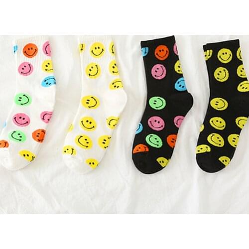 Happy Girl New Crew Socks Lovely Cute Many Colorful Coloured Rainbow Smile Smiling Yellow Face Faces Street Fashion Cotton Sox