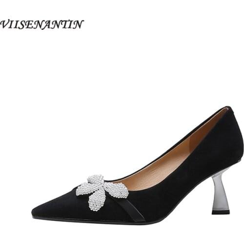 2021 spring new pointed toe stiletto temperament frosted sheep anti-leather pearl flower single shoes black high heels
