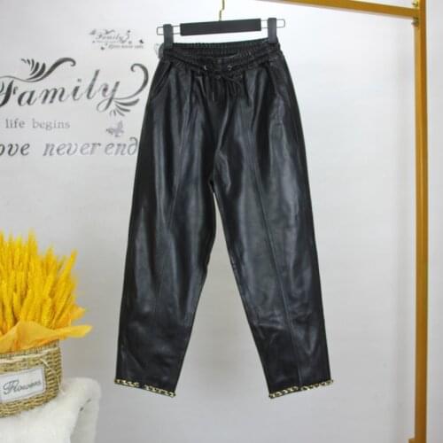 New Designer Womens Chain High-rise Leather pants High quality Genuine leather capri pants C913