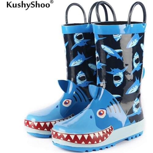 Pennysue Kids Premium Natural Color Boys Rubber Rain Boots Waterproof with Handles for Toddlers 3D Cute Shark Kids Rain Boots