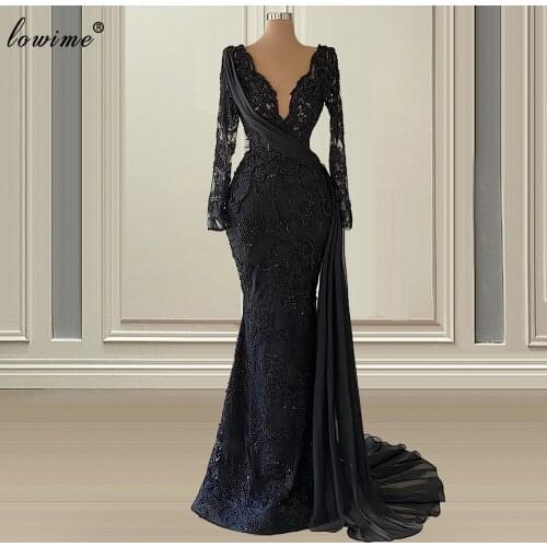 Plus Size Black Beading Evening Dresses Long Sleeves Lace Formal Occasion Dresses For Women Party Middle East Prom Dresses Robes