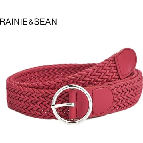 RAINIE SEAN Knitted Women Belt Vintage Ladies Belt for Trousers Solid Female Red Camel Coffee Gray Navy Strap Belt 105cm