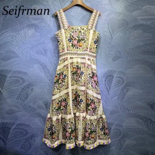 Seifrmann Women Autumn Fashion Runway Party A-Line Dress Sexy Ruched Lace Beading Sequined Print Ladies Midi Dresses vestidos