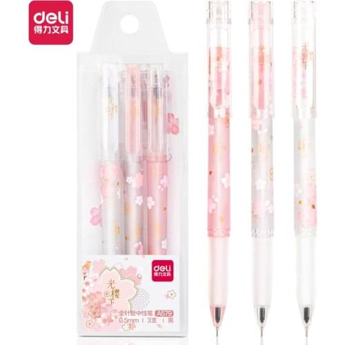 Deli a579 student gel pen 0.5mm full needle tube Cherry Blossom style large capacity Japanese simple black pen signature pen