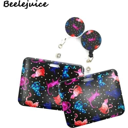 Starry Colorful Cats Horizontal Credit Card Holder Women Men Kid Student Retractable Badge Reel ID Name Clips Card Badge Holder