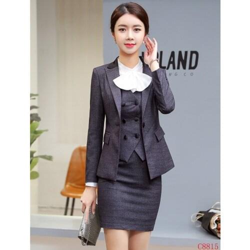 High Quality Formal Grey Blazers Women Business Suits 3 Piece Waiscoat, Skirt and Jacke Sets Ladies Office Uniform Styles