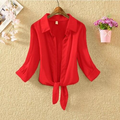Casual Summer Blouse Women Chiffon Short Sleeve Turn-down Collar Shirts Korean cardigan Blouses Slim Solid color Tops Female