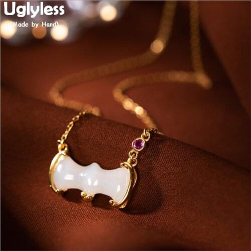 Uglyless Handmade Jade Bamboo Necklaces for Women Plated Real Gold Chokers Solid 925 Silver Fine Jewelry Gemstones Pendants P764