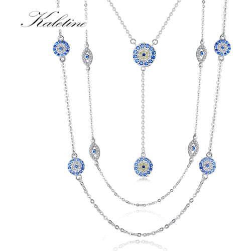 KALETINE 925 Sterling Silver Necklace Earrings Women Round Luck Evil Eye Ring Necklaces Blue Zircon Long Link Turkey Jewelry Set