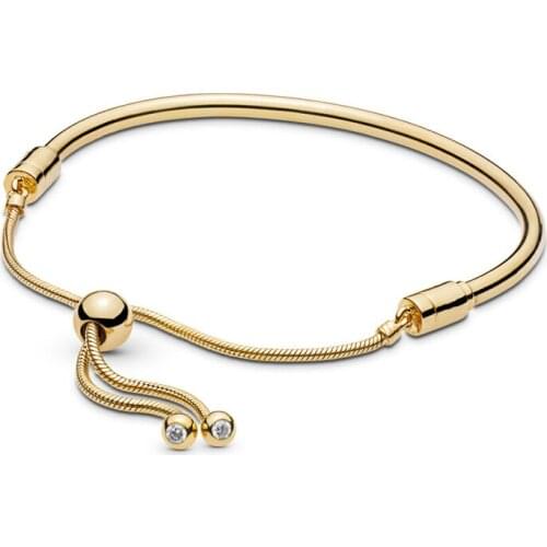 2019 New 100% 925 Sterling Silver Sliding Bangle Bracelet Shine Gold Bangle Fit Europe Women Fashion DIY Charm Bead Jewelry Gift