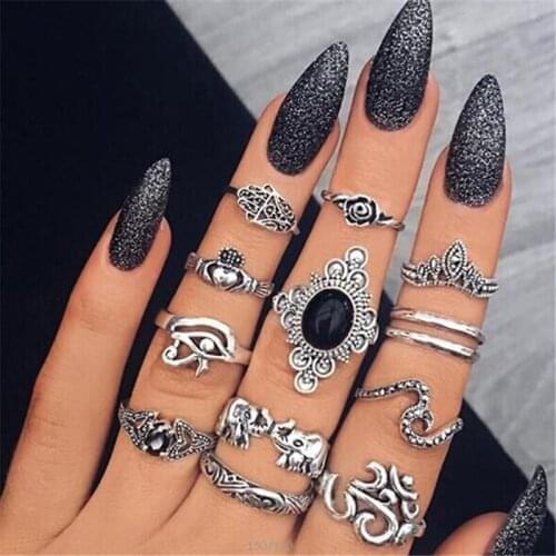 13 Pieces / Set of Vintage Punk Antique Flower Carving Mini Finger Ring Women Bohemian Knuckle Set Jewelry Gift Cocktail Ring