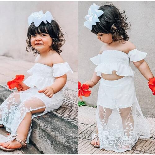 2pcs/set Kid Baby Girls Clothing Set White Lace Party Wedding Holiday Costumes For Kid Girls Ruffles Top + Flower Tulle Skirts