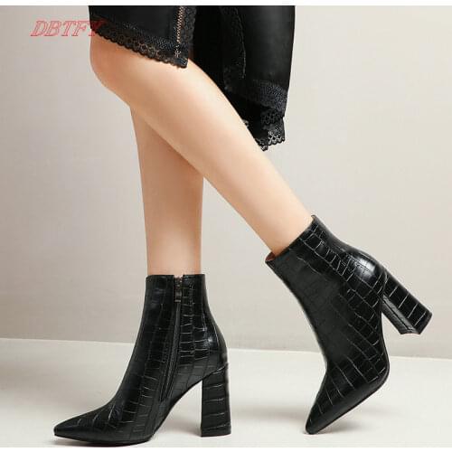 Black White 2022 Series Women Ankle Boots Fashion Crocodile Pattern PU Ladies Pointed Square Heel Zipper High Heels Large 34-43
