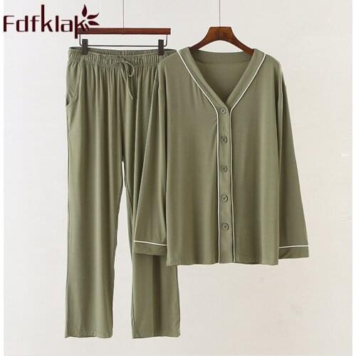 Fdfklak Autumn Modal Pajamas Set Women Pyjamas Sleepwear Loose Long sleeve Pijama Mujer Home Clothes Long Pants Night Suit 2PCS