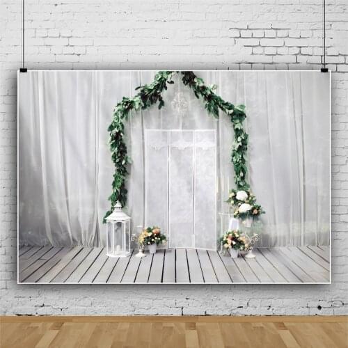Laeacco Grey Wooden Floor White Curtain Flower Plant Wedding Decor Personalized Poster Photo Background Photographic Backdrops
