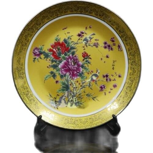 Chinese Old Porcelain Pink Flower And Bird Pattern Gold Edge Plate