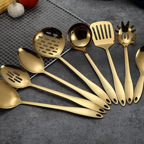 Stainless Steel Cooking Tools Colander Spoon Fried Shovel Cookware Kitchen Tools Spatula Ladle Kitchenware Gold Kitchen Utensils