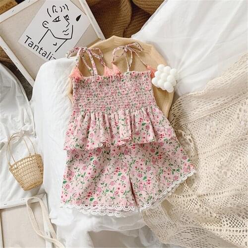 Girl’s Summer Two Piece Set Fashion Floral Ruffles Lace-Up Suspender Tops and Flounce Short Pants Sunsuit