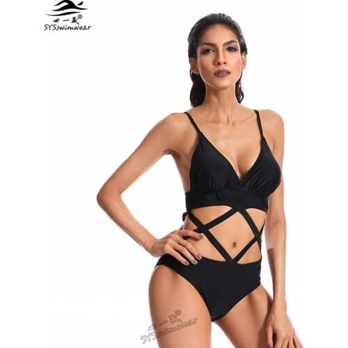 Hot Hot Top Quality Sexy Swimwear Women One Pieces Swimwear Deep-V Hollow Bandage Bathing Suit Sexy Black Pool Party Swimsuit