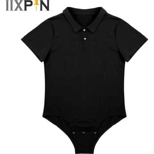 M-2XL Mens Bodysuit Tops One Piece Lingerie Short Sleeve Turn-down Collar Press Button Crotch T Shirt Bodysuit Romper Pajamas